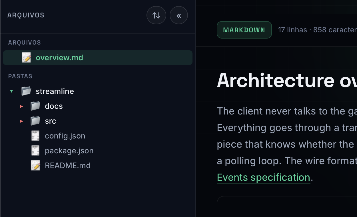 ProgViewer com uma pasta aberta: a árvore de arquivos na coluna da esquerda.