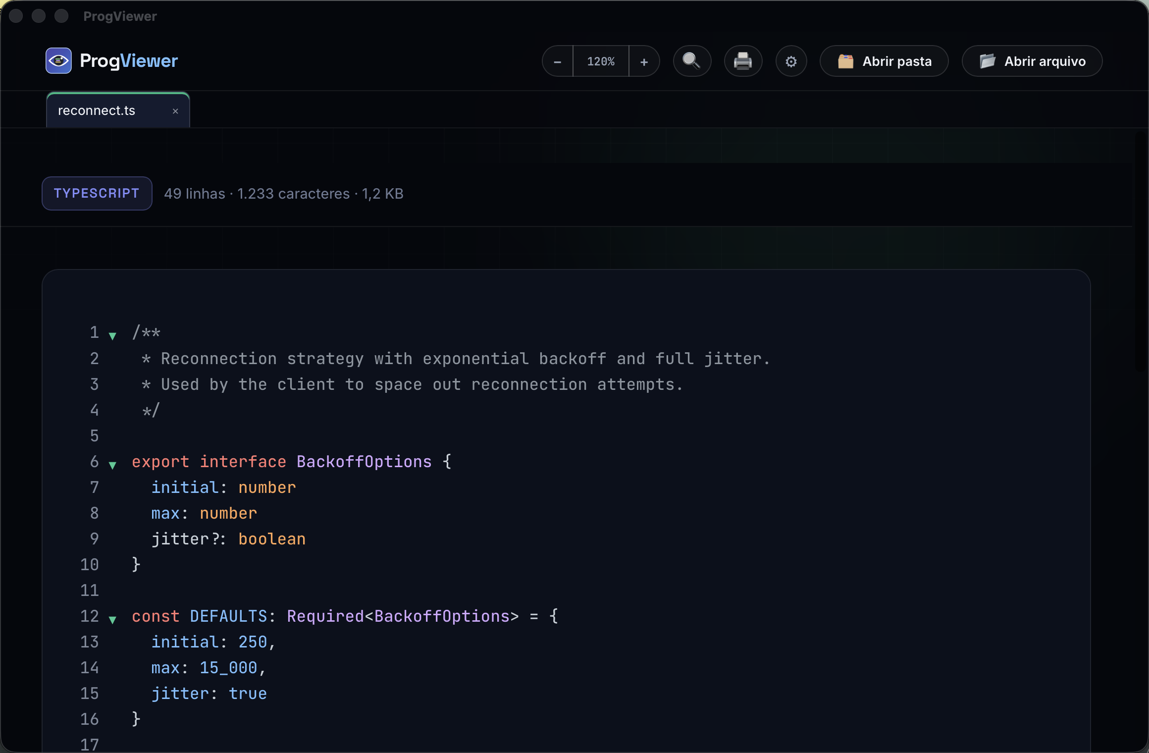 Arquivo TypeScript no ProgViewer, com numeração de linha e realce de sintaxe.