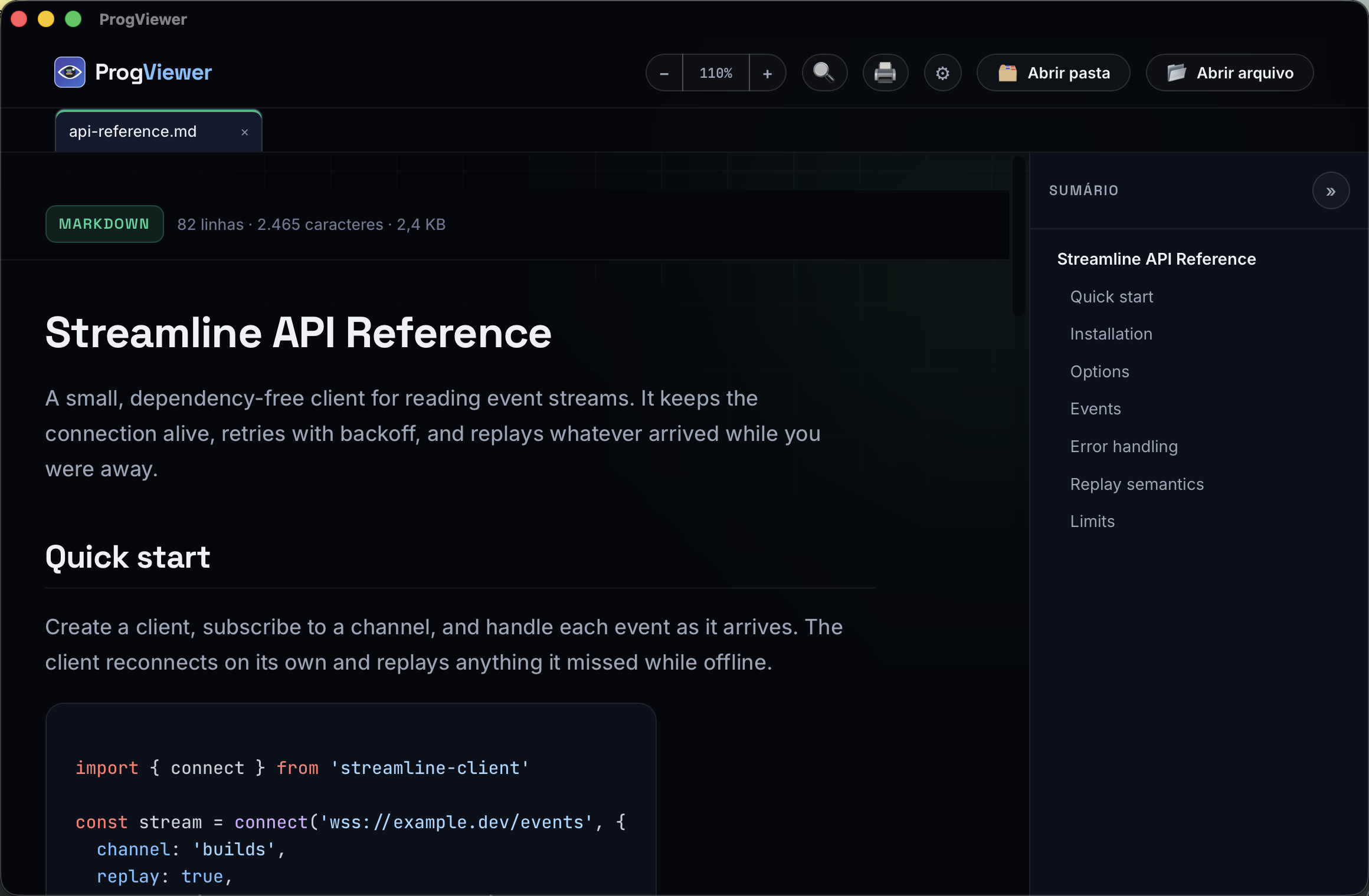 Janela do ProgViewer com um documento Markdown aberto, sumário à direita e bloco de código realçado.